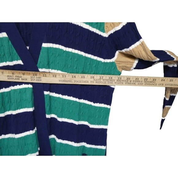 Lands End Cable Knit Tie Front Cardigan Size M‎ Tall 10-12 Stripe Green Red Blue - Picture 10 of 12